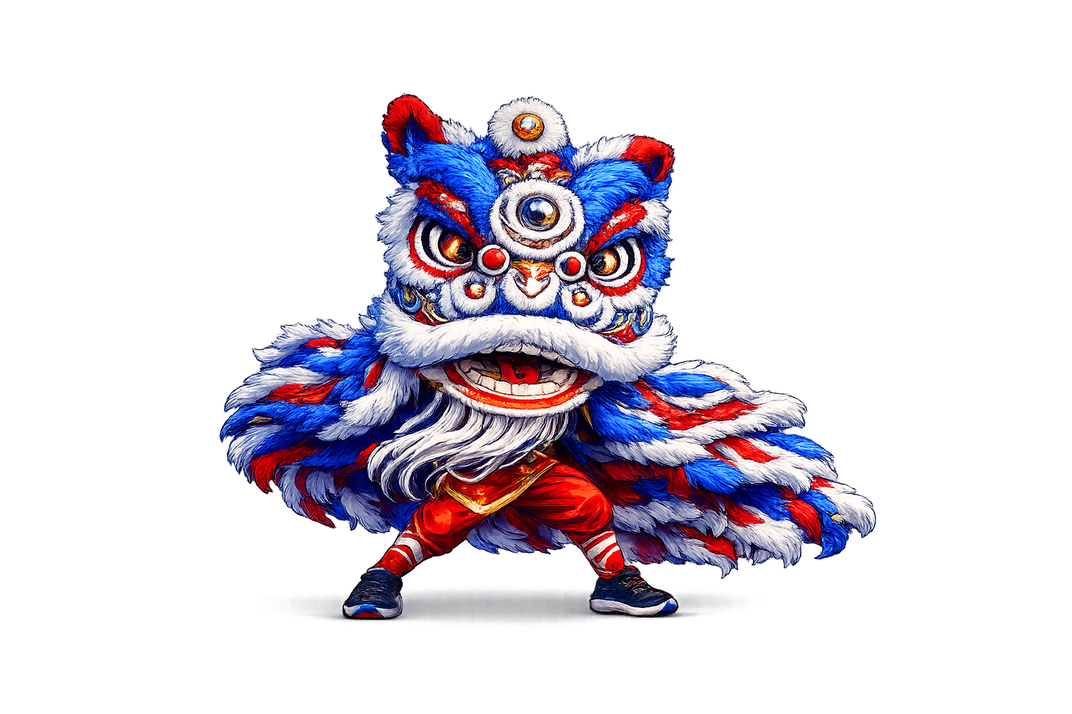 Blue, red, and white lion dance costume